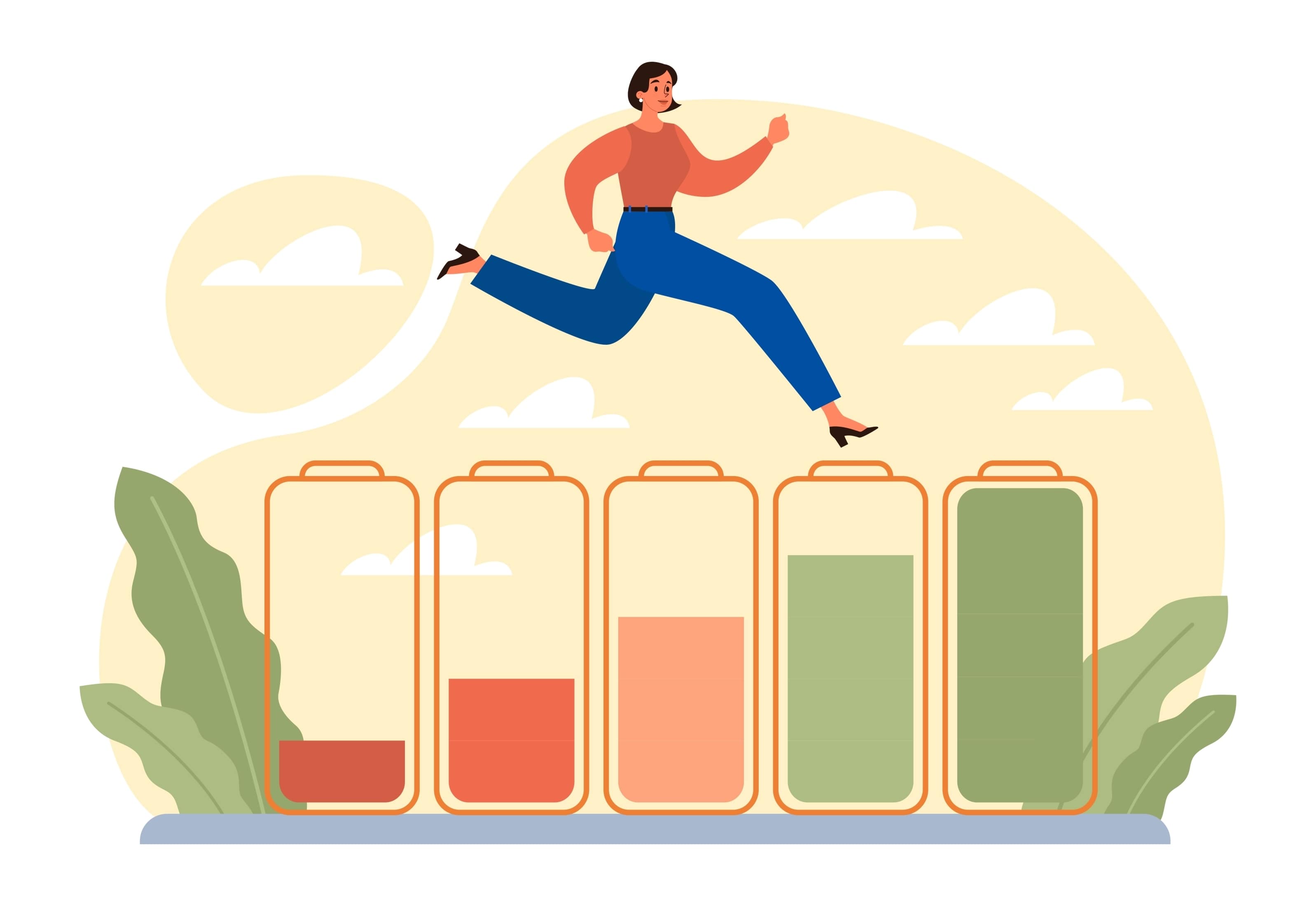 An illustration of a lady running over a collection of batteries (each battery's capacity increases in the sequence as the lady runs along them to symbolise improved energy levels)