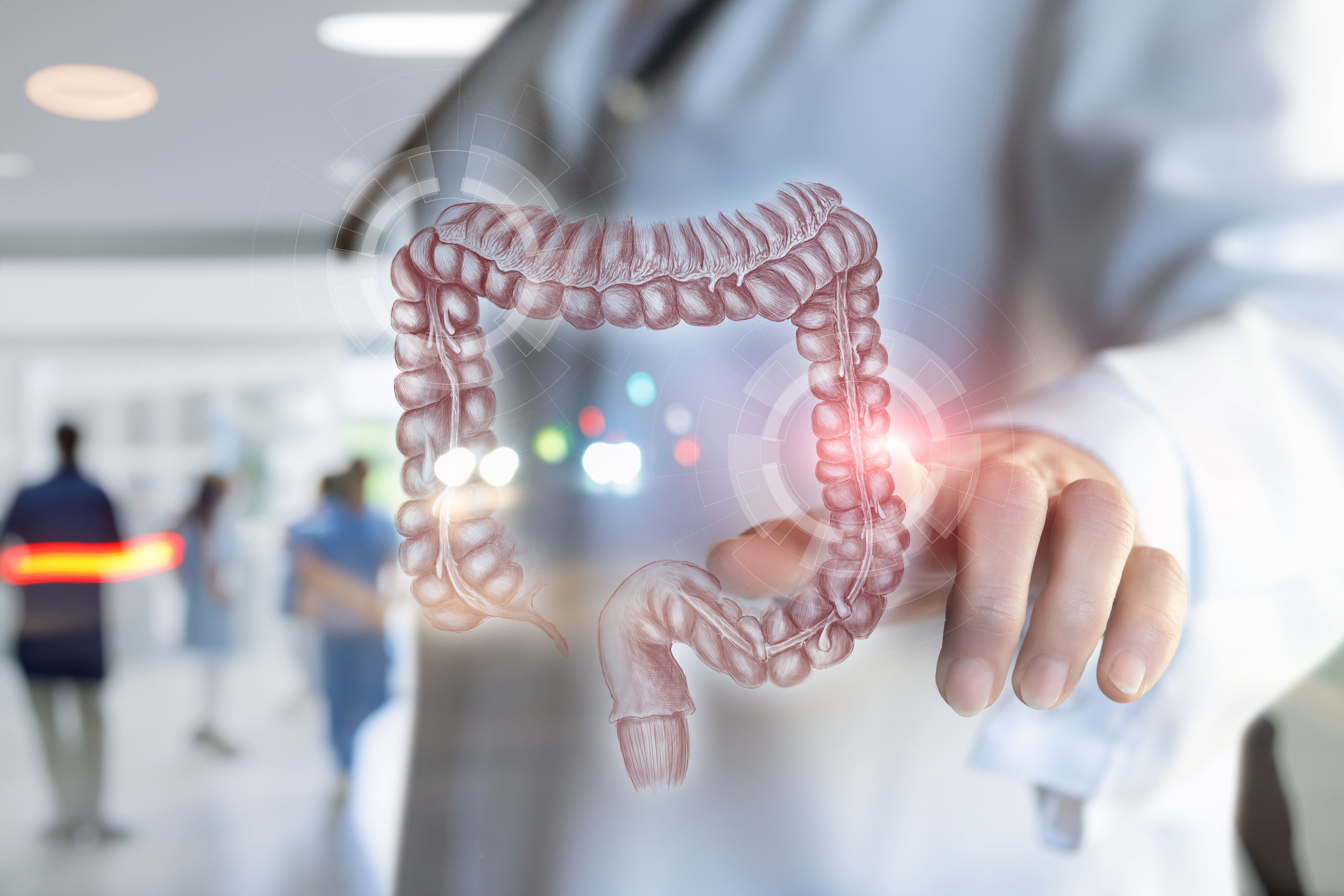 An illustration of a gut being analysed by a doctor