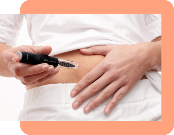 A person administering a NAD+ injection pen into their stomach