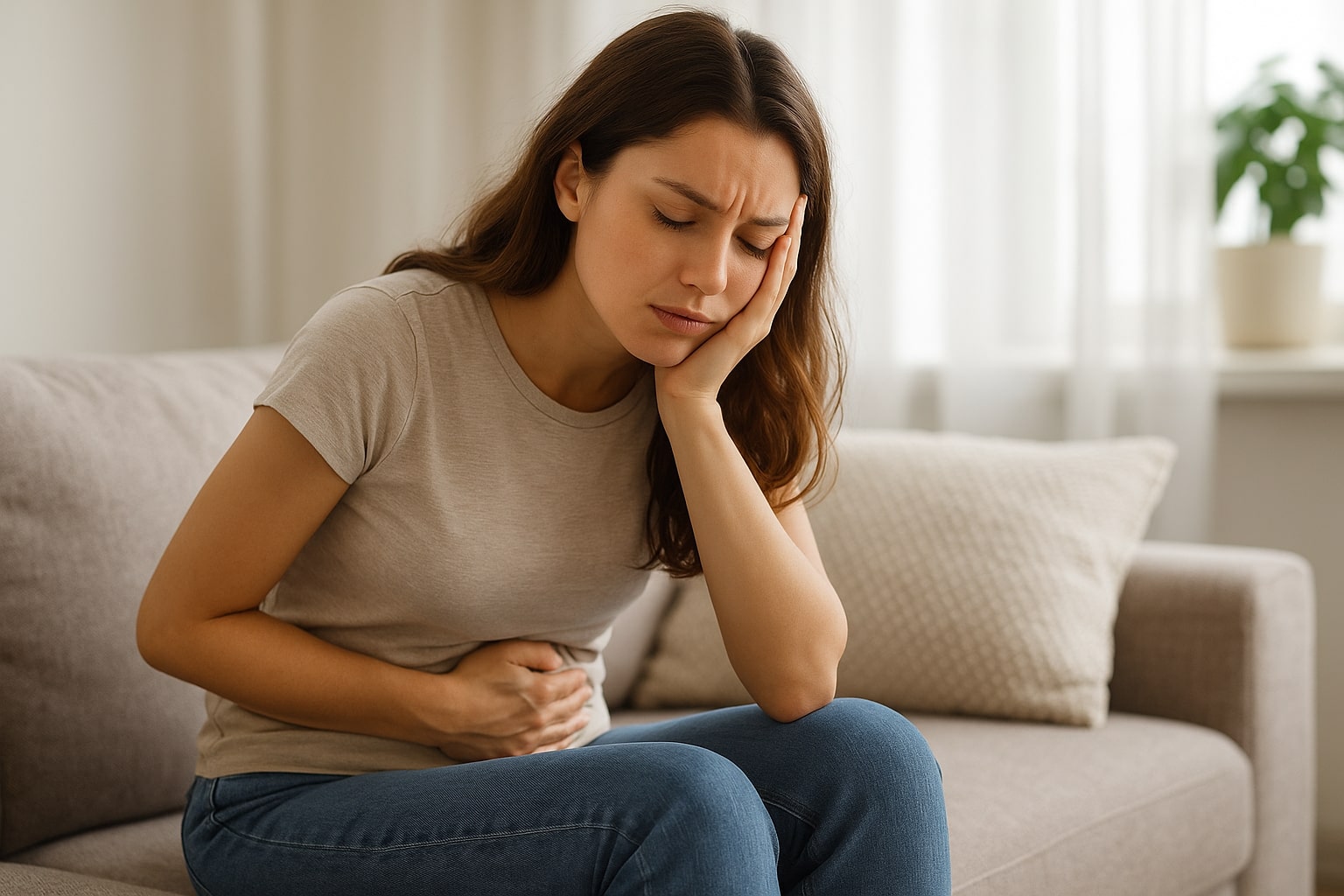 Young woman sitting on sofa holding stomach in discomfort, showing gut pain linked to PCOS and digestive health issues