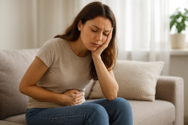 Young woman sitting on sofa holding stomach in discomfort, showing gut pain linked to PCOS and digestive health issues