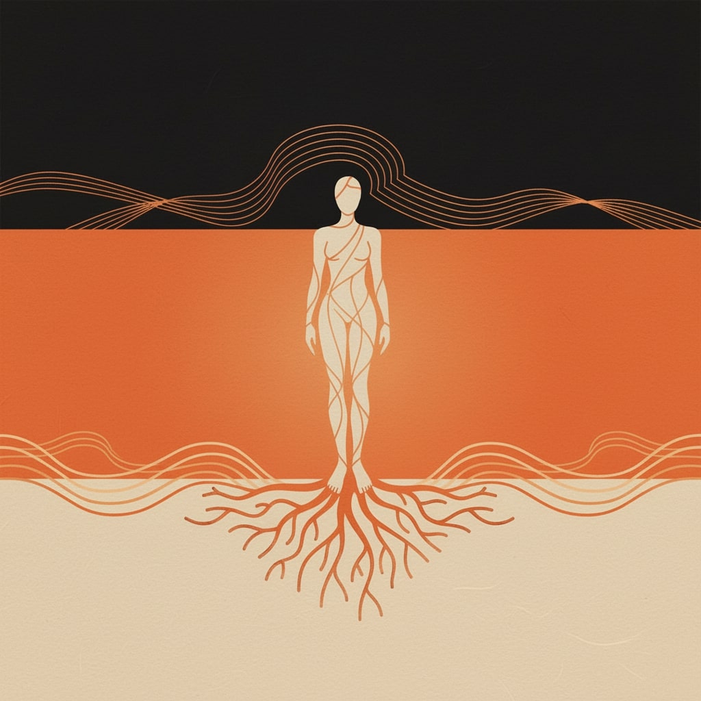 Illustration of a person connected to the earth through roots, symbolising earthing or grounding, with flowing energy lines showing balance and connection between body and nature.