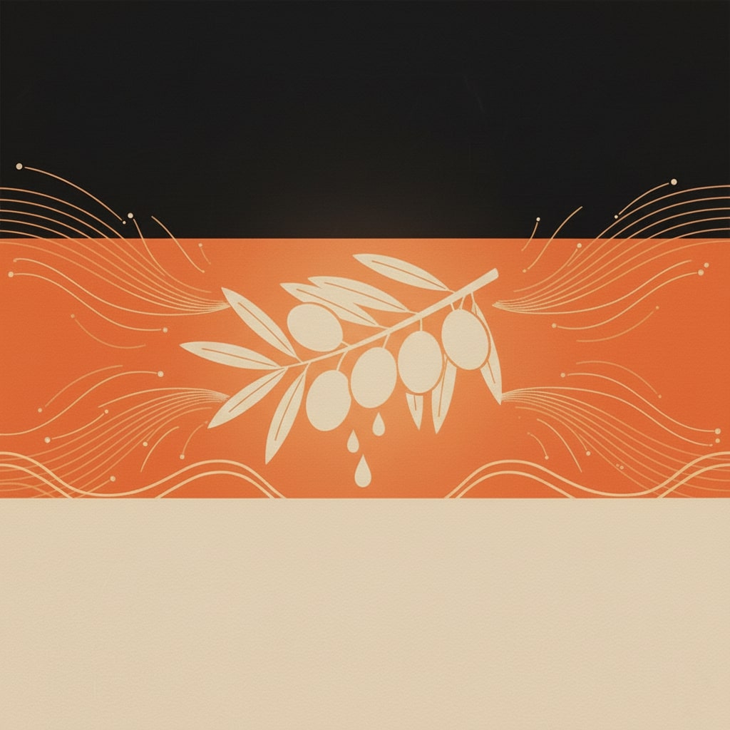 Stylised illustration of an olive branch with dripping olive oil on a warm orange and beige background, representing the natural purity and quality of extra virgin olive oil.