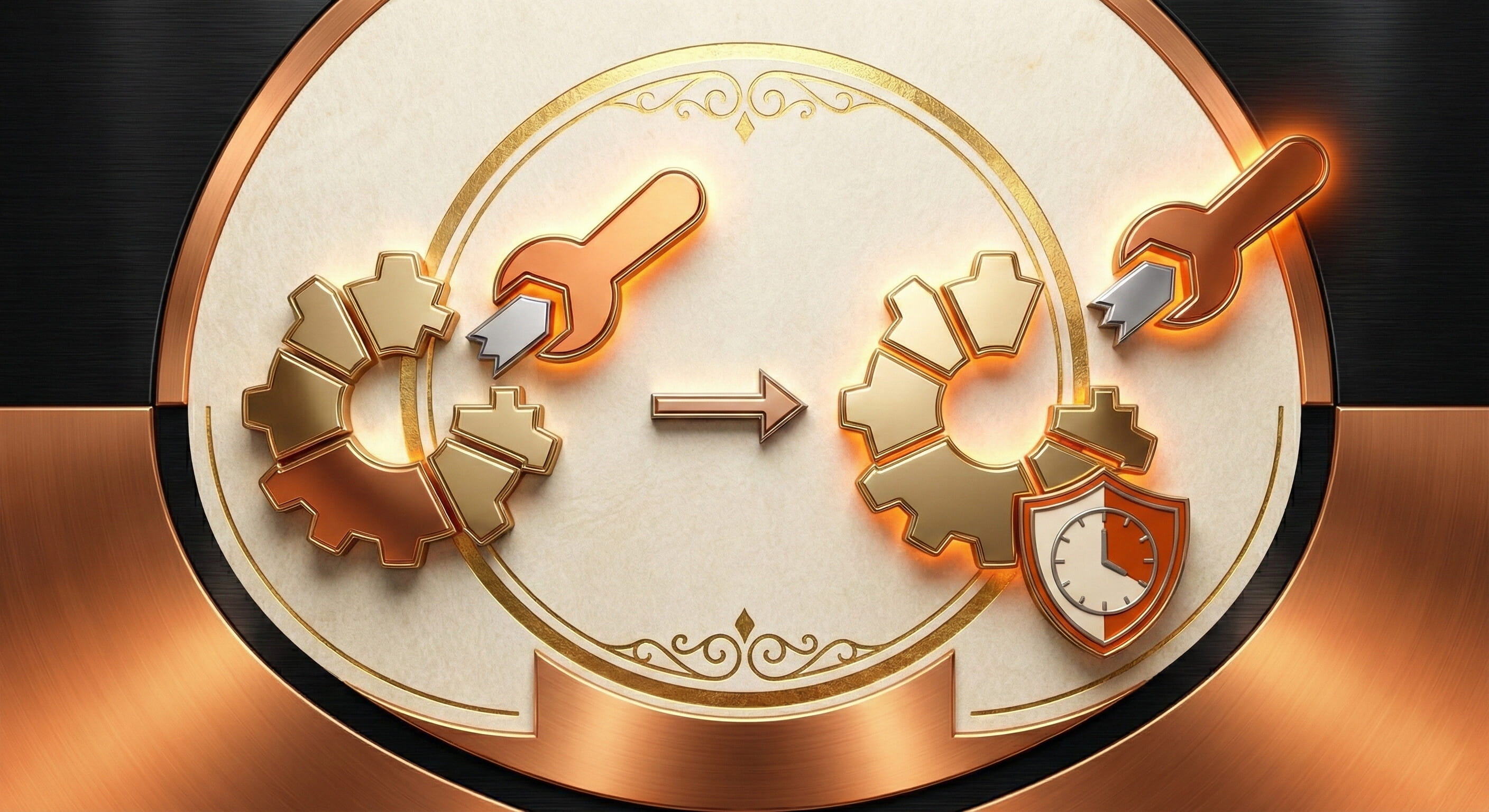 A flat vector diagram illustrating the function of Sirtuins for a glossary page. The graphic uses a gear and wrench motif to represent cellular maintenance and repair. On the left, a wrench fixes a broken gear, symbolising the restoration of damaged DNA. An arrow points to the result on the right: a fully repaired gear guarded by a shield containing a clock, highlighting Sirtuins' role in regulating ageing, promoting longevity, and protecting genomic stability.