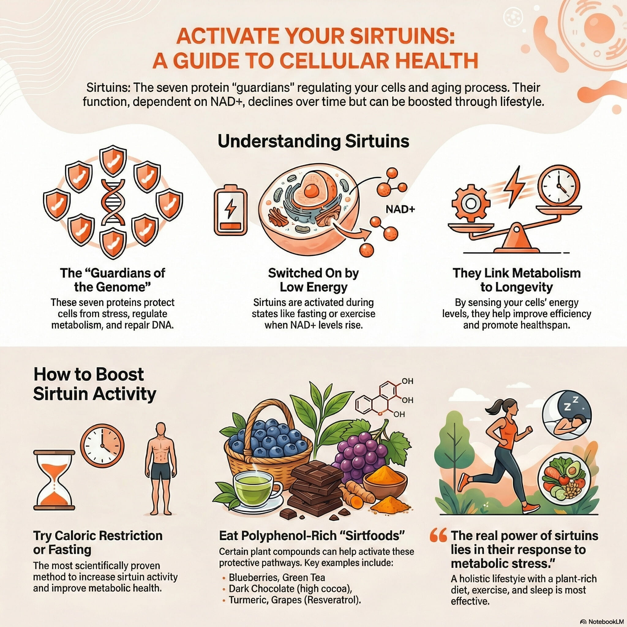 An educational infographic titled 'Activate Your Sirtuins: A Guide to Cellular Health,' visually explaining how these 'guardian' proteins regulate aging and metabolism dependent on NAD+. It details actionable ways to boost sirtuin activity through lifestyle choices like caloric restriction, fasting, and eating polyphenol-rich sirtfoods such as blueberries and green tea.