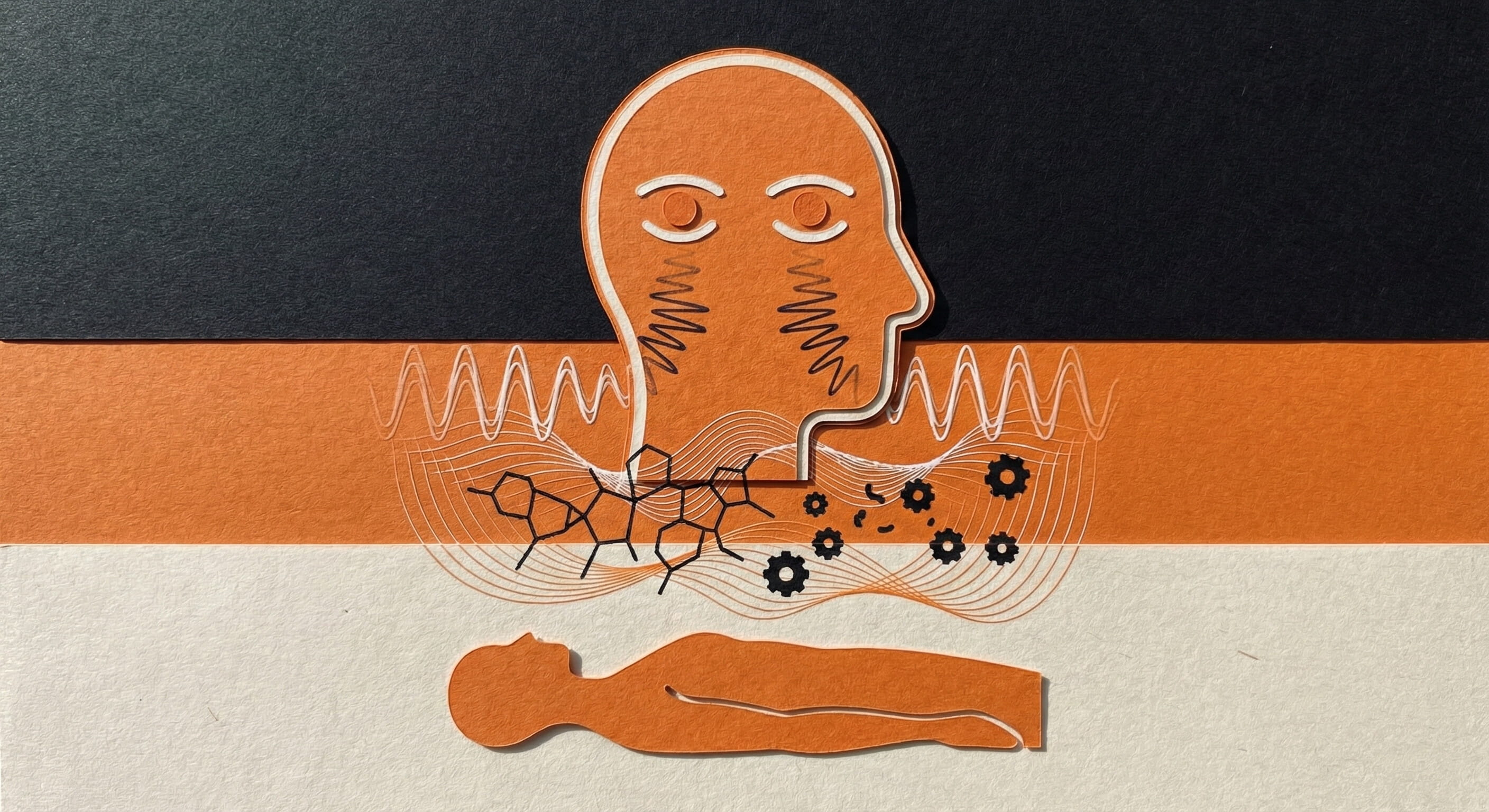 A conceptual illustration showing a paper-cut style profile of a human head with wavy lines above a sleeping figure, visually representing the high brain activity and neurological processes associated with REM sleep.
