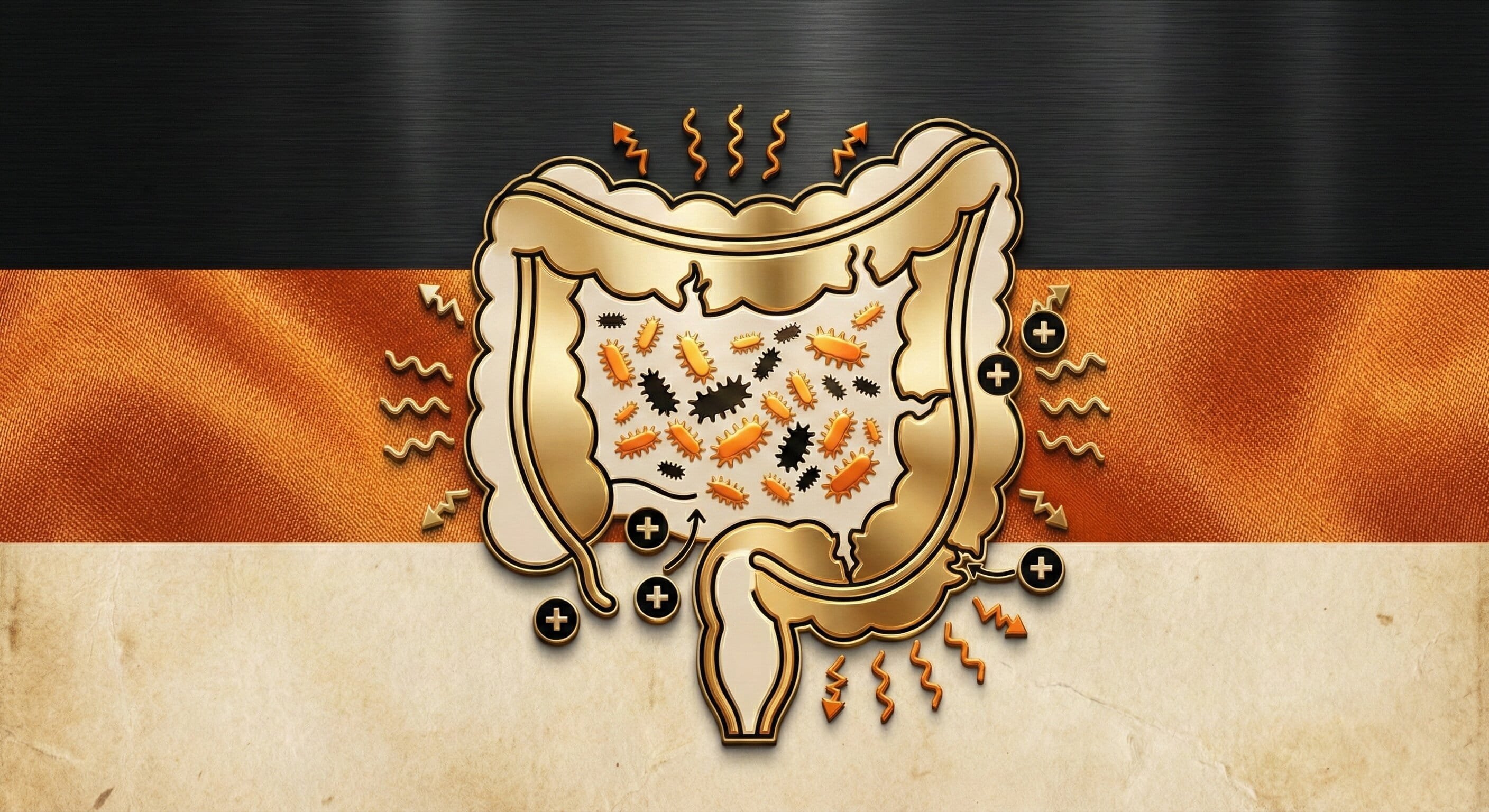 A conceptual gold-toned illustration of the human digestive system showing multiplying microbes and inflammation signals within the gut, visually explaining the excess bacterial buildup that characterises Small Intestinal Bacterial Overgrowth (SIBO).