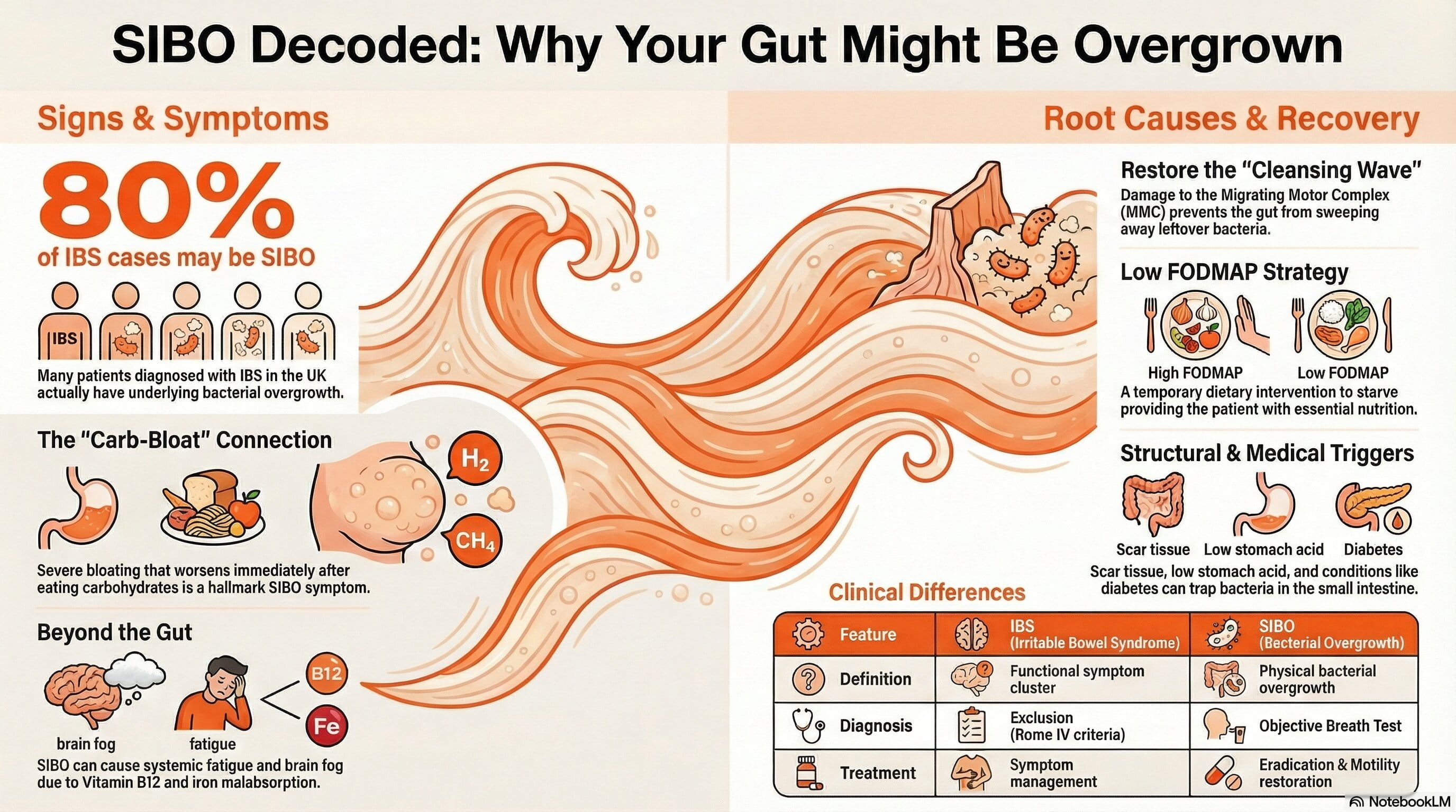 A comprehensive educational infographic titled 'SIBO Decoded', visually summarising the signs and symptoms of bacterial overgrowth, root causes like impaired gut motility, recovery strategies including the Low FODMAP diet, and the key clinical differences between SIBO and IBS.