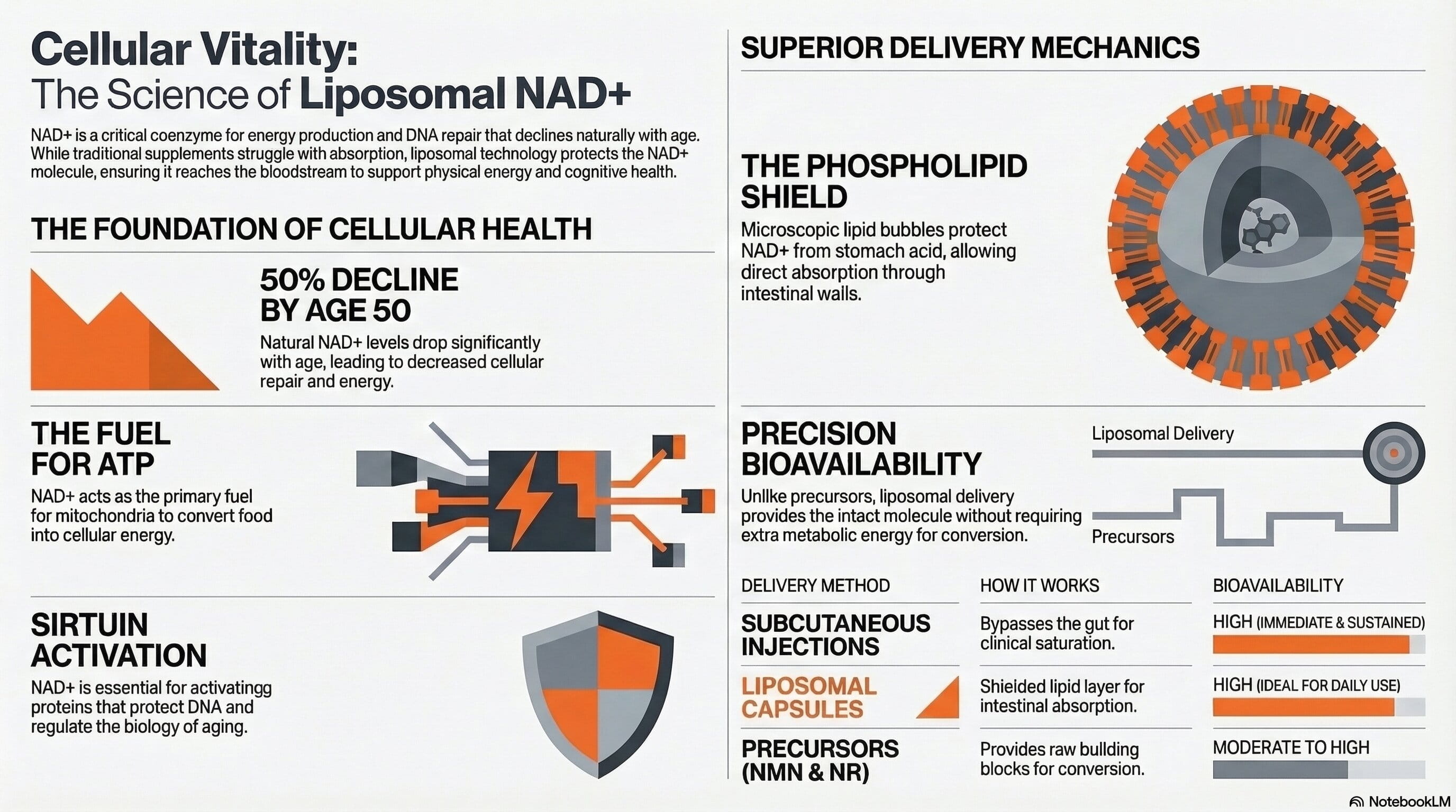 A detailed educational infographic titled 'Cellular Vitality: The Science of Liposomal NAD+', visually explaining how the phospholipid shield protects the coenzyme for superior cellular absorption. It outlines NAD+'s role in ATP energy production and sirtuin activation, whilst comparing the high bioavailability of liposomal capsules against standard precursors like NMN and NR