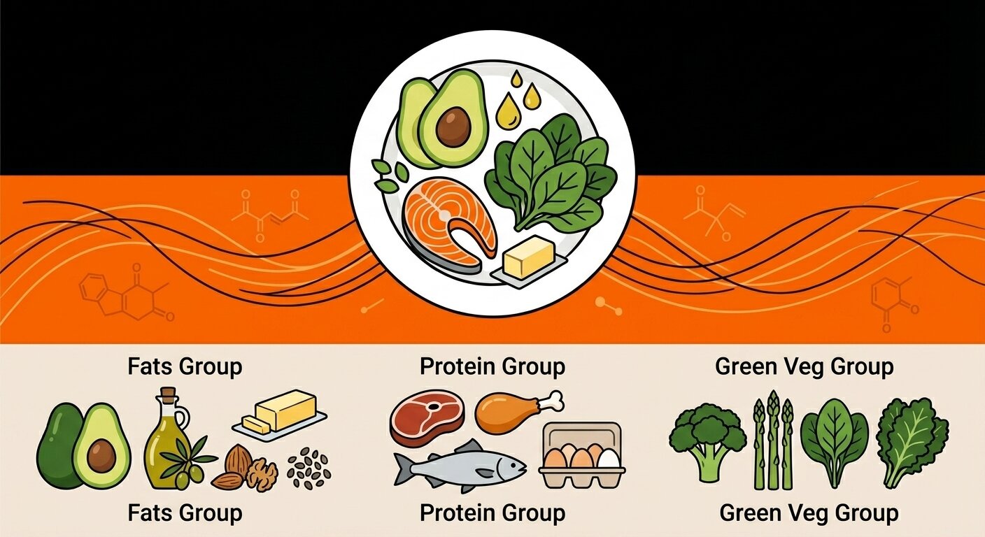 A visual keto diet guide showing you how to balance your plate with healthy fats, proteins, and green veg.