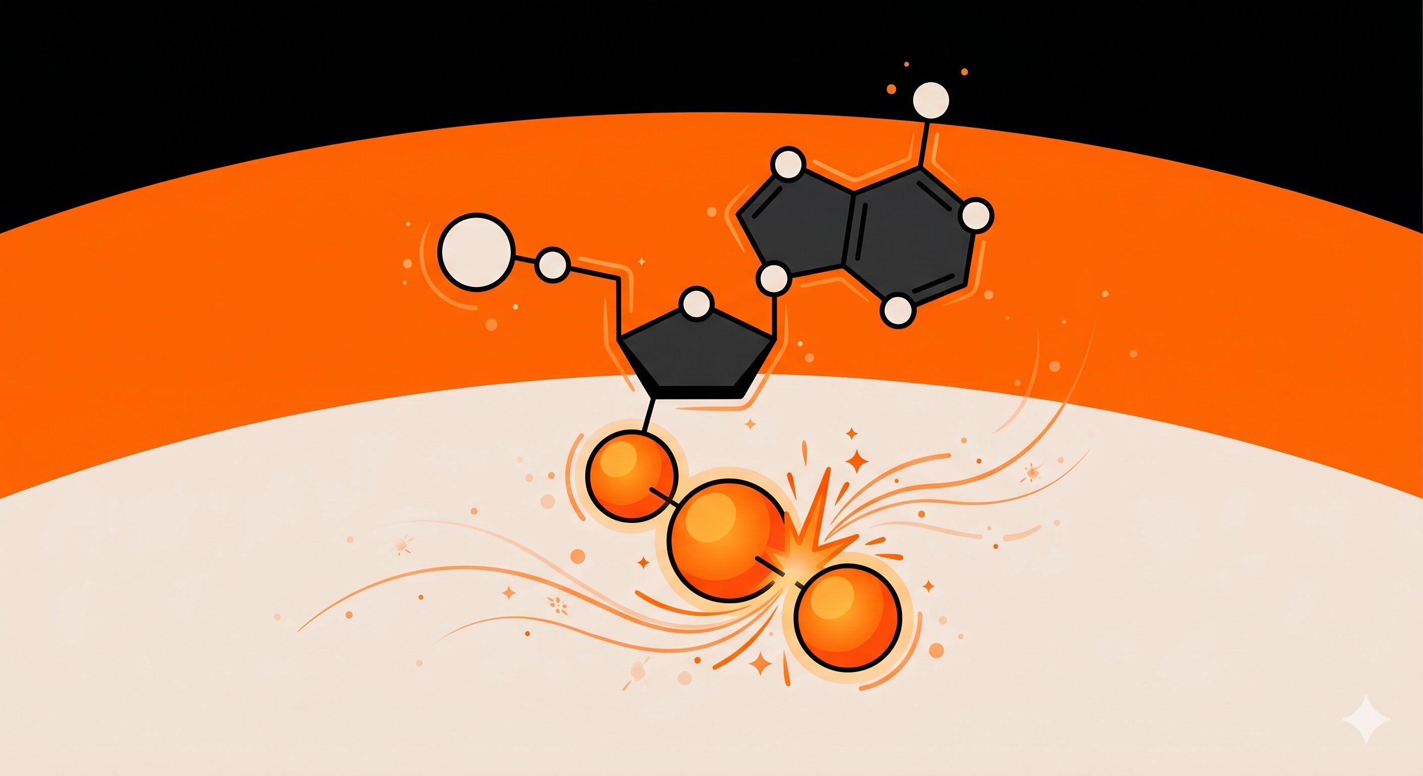 A stylised molecule releasing an energy spark, showing how electrolytes carry the electrical charges that power your cells.