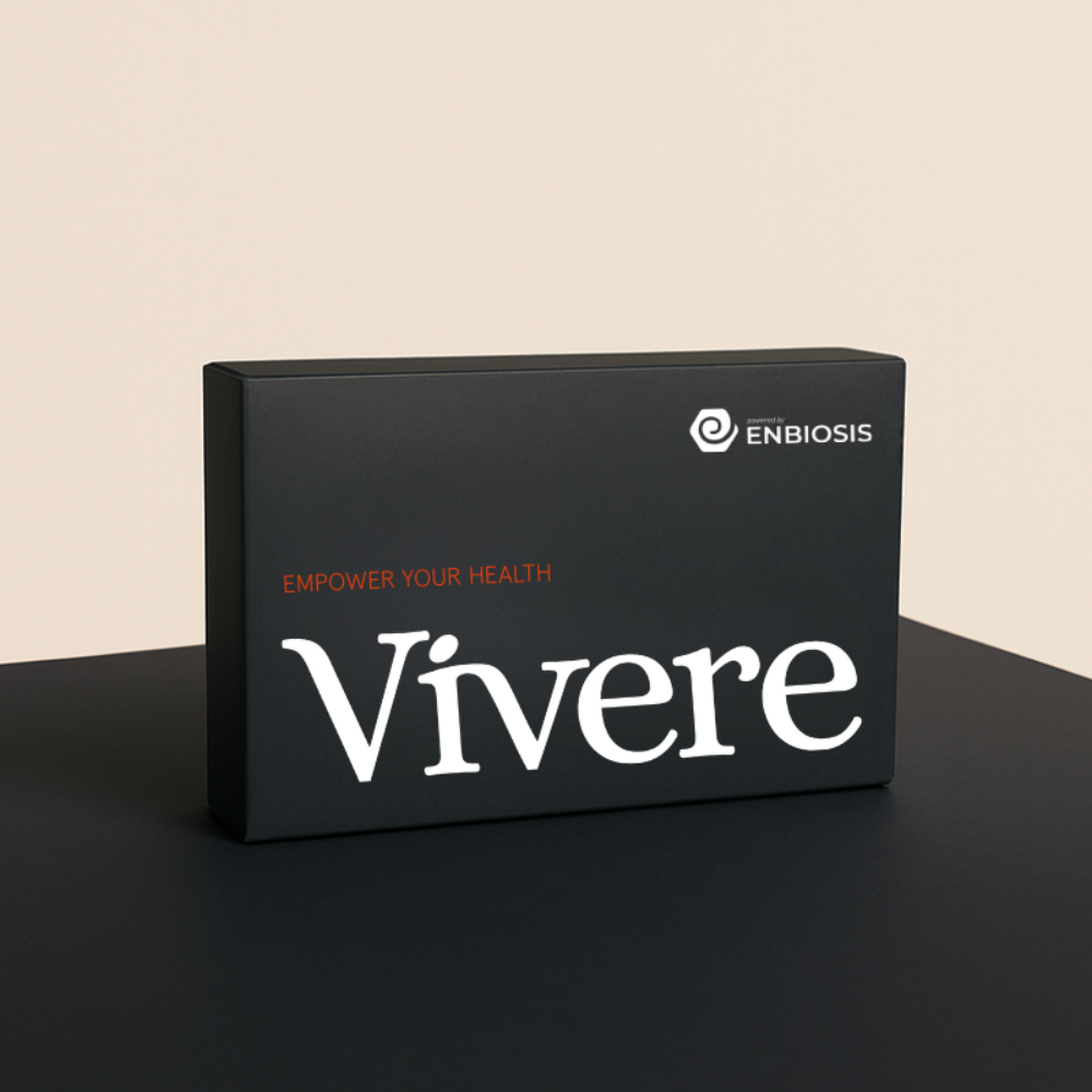 Vivere gut microbiome test kit in sleek black packaging on a dark surface
