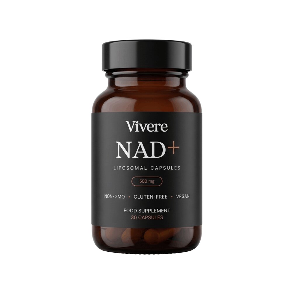 Amber glass bottle of Vivere liposomal oral NAD+ supplement on a plain pale background