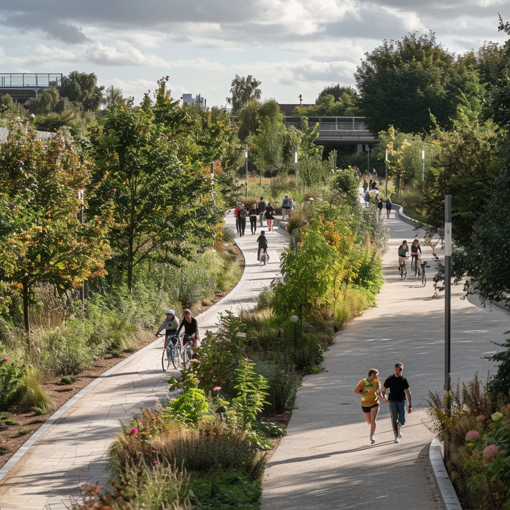 People walking on a path through trees