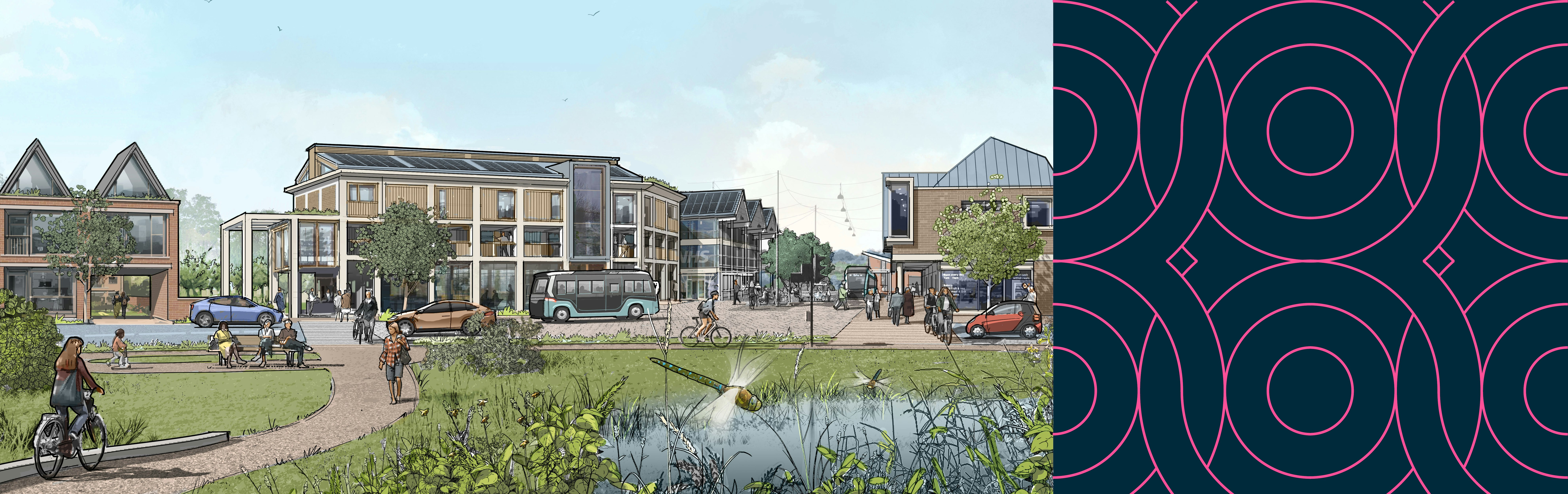 Illustration of flats with grass and people
