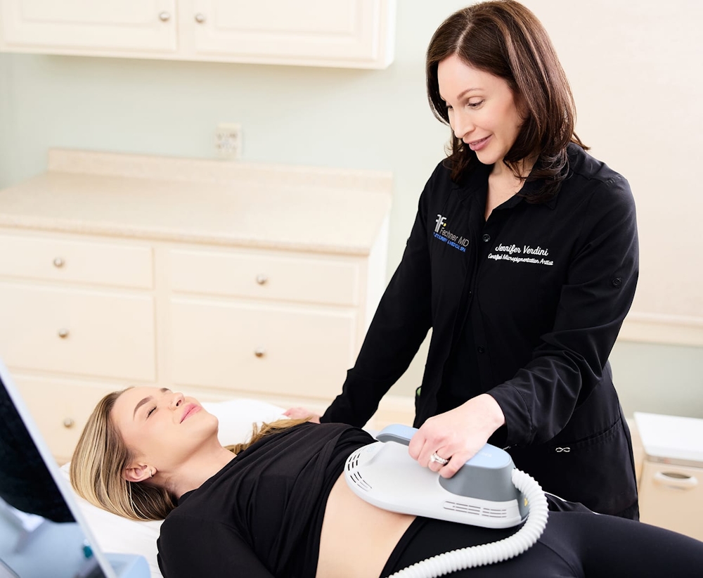 patient getting emsculpt procedure done by nurse