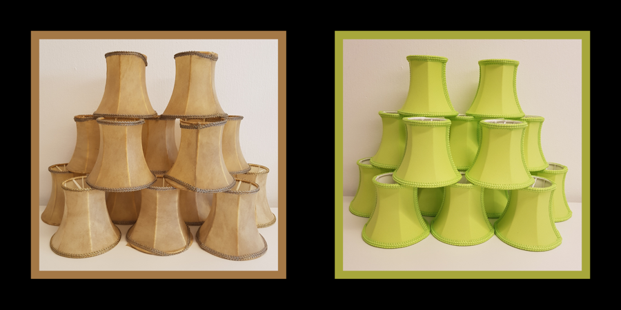 Zwei nebeneinander liegende Pyramiden aus gestapelten Lampenschirmen: links beige, rechts leuchtend grün, vor einem neutralen Hintergrund.