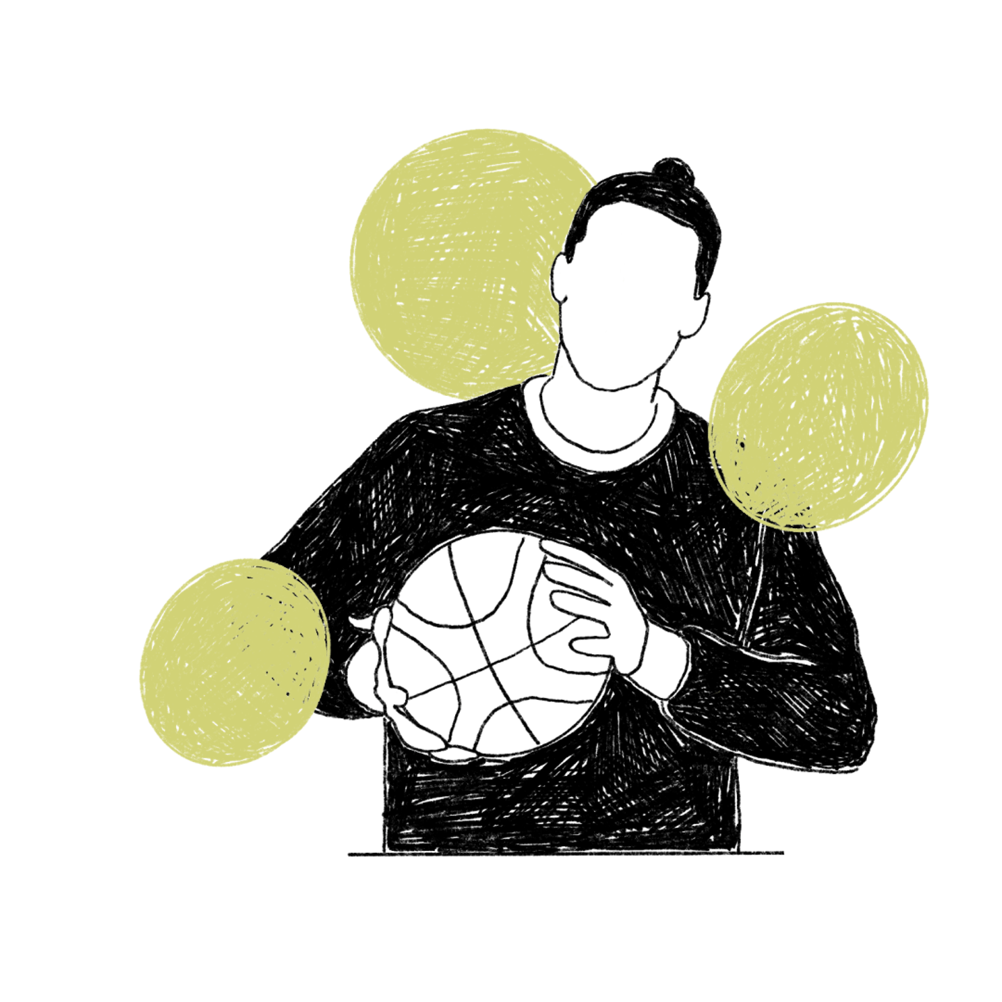 Tekening van een persoon, die een bal vasthoudt in zijn handen