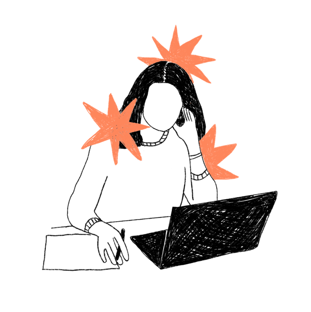 Tekening van een persoon, die gestrest naar zijn laptop kijkt en aantekeningen maakt