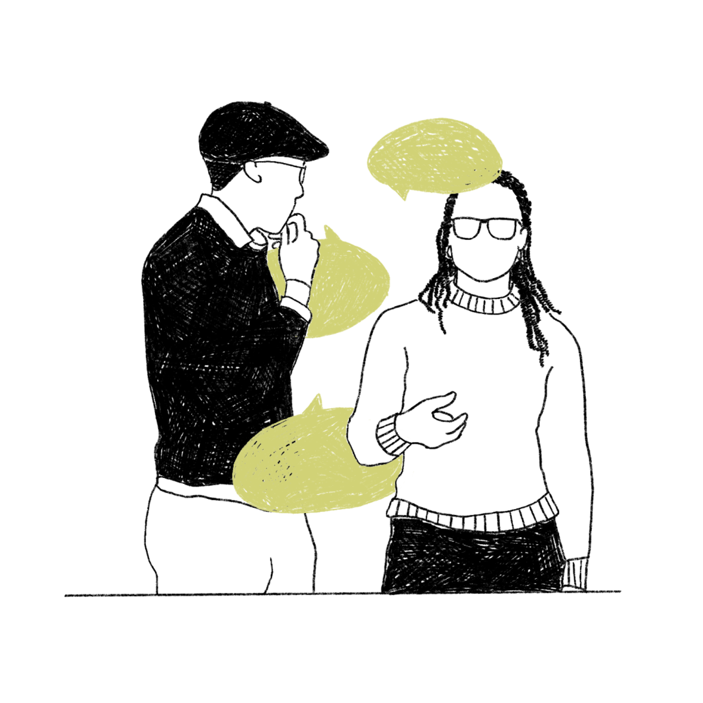 Tekening van een jonger en ouder persoon, die met elkaar staan te praten