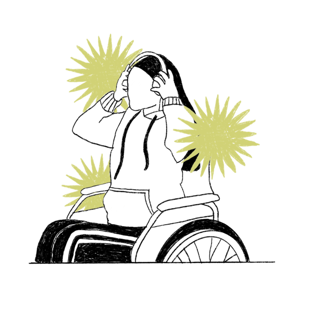 Tekening van een persoon in een rolstoel, die ontspannen muziek luistert via haar koptelefoon