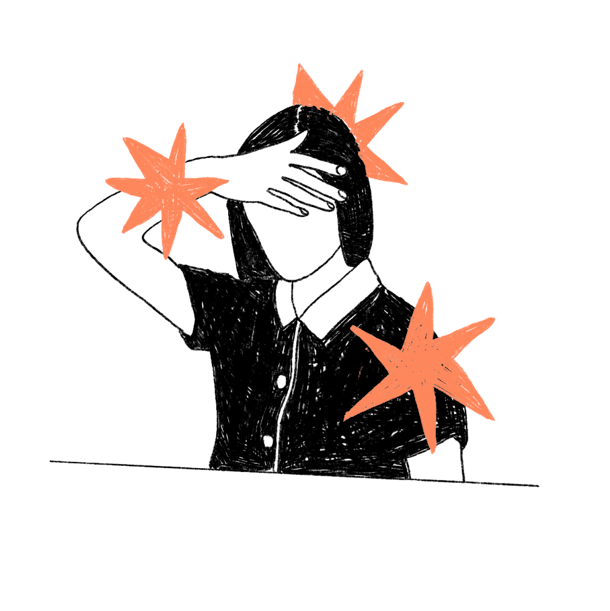 Tekening van een persoon, die prestatiedruk ervaart en zijn hand tegen zijn hoofd houdt