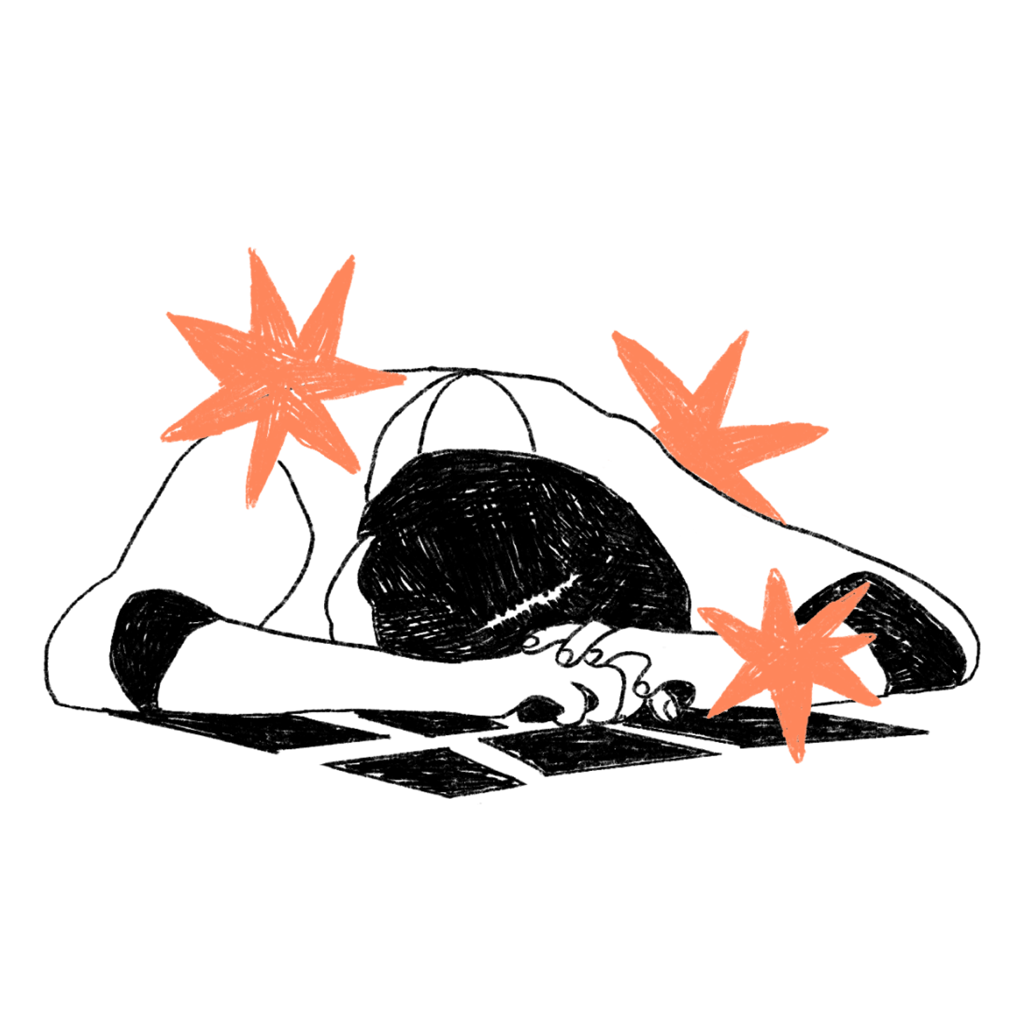 Tekening van een persoon, die vermoeid van zijn werk met zijn hoofd op de tafel ligt