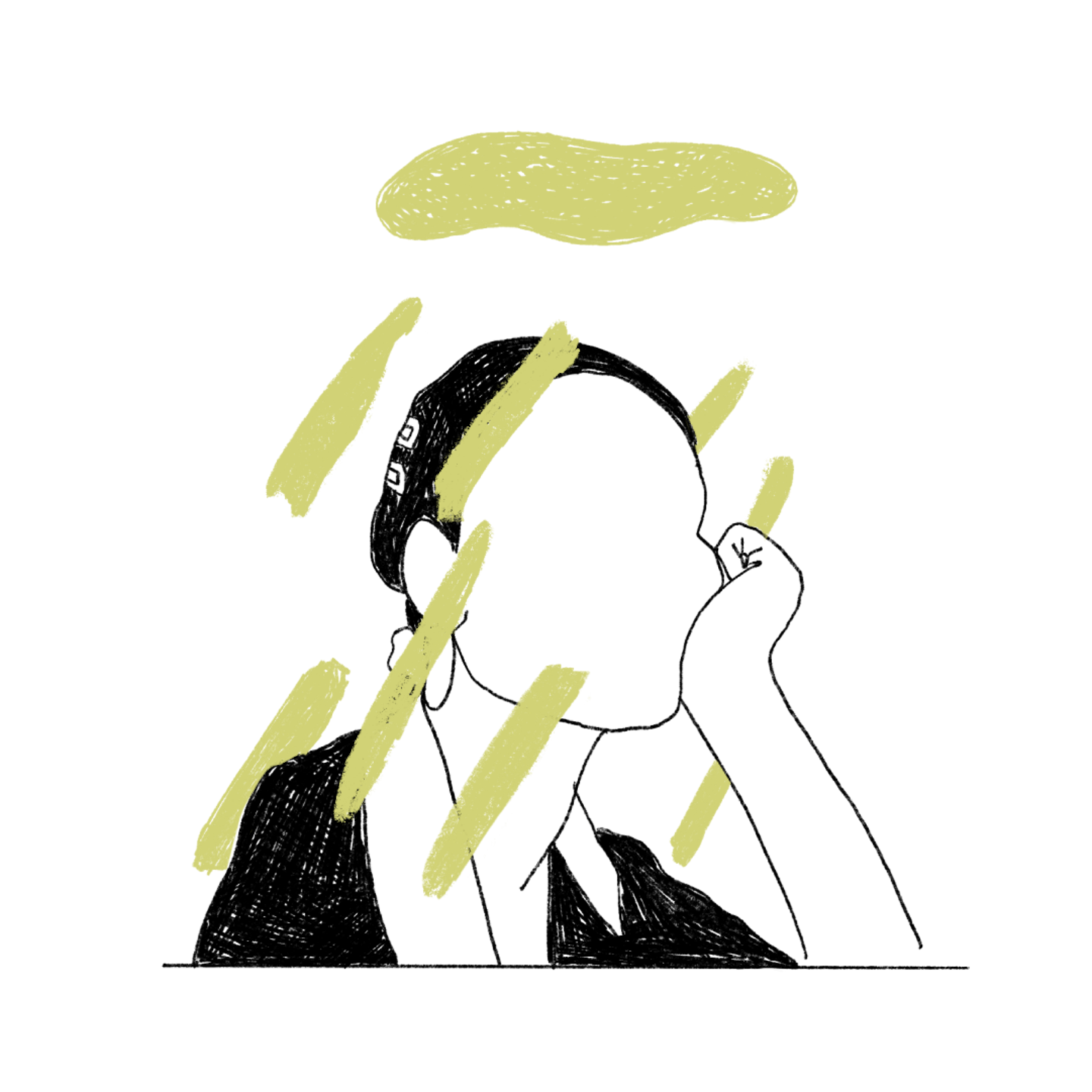 Tekening van een persoon met hand onder het gezicht