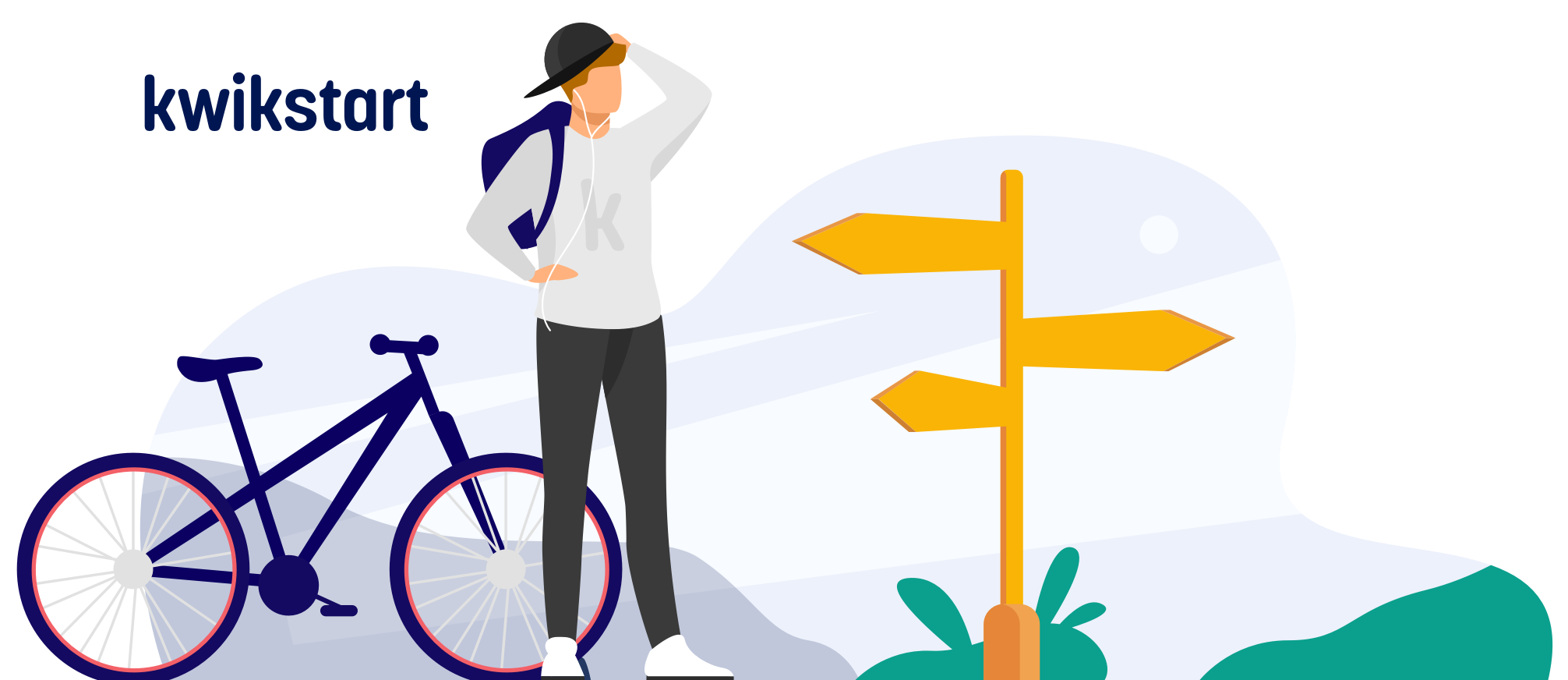 Illustratie van een persoon naast een fiets en een richtwijzer, waarmee weg te vinden is