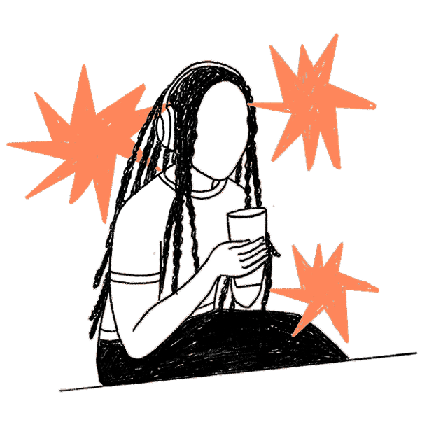 Tekening van een persoon, die muziek luistert om minder angstig te zijn en te ontspannen