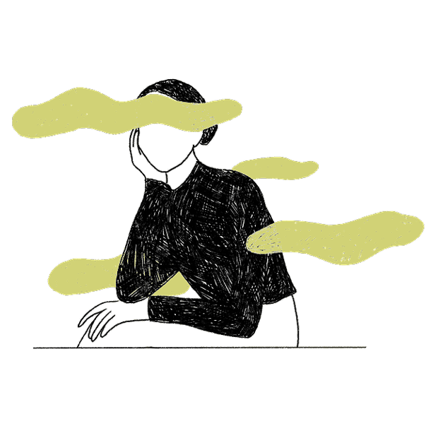 Tekening van een somber persoon met veel gedachten