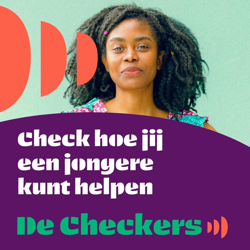 Een glimlachende dame met op de voorgrond de tekst: "Check hoe jij een jongere kunt helpen"