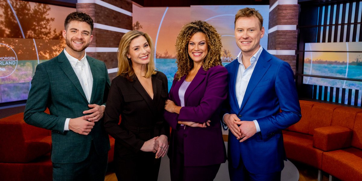 De vier presentatoren van Goedemorgen Nederland, Omroep WNL: Frank, Welmoed, Lisette, Sam