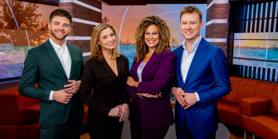 De vier presentatoren van Goedemorgen Nederland, Omroep WNL: Frank, Welmoed, Lisette, Sam