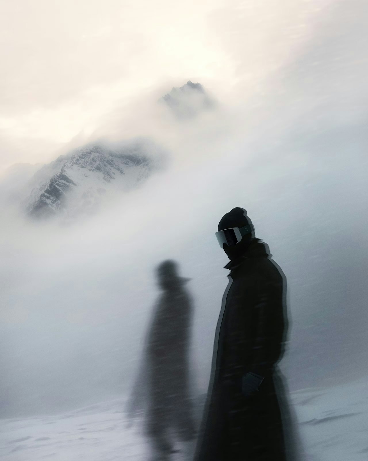 Two figures in coats stand in a snowy, misty mountain landscape.