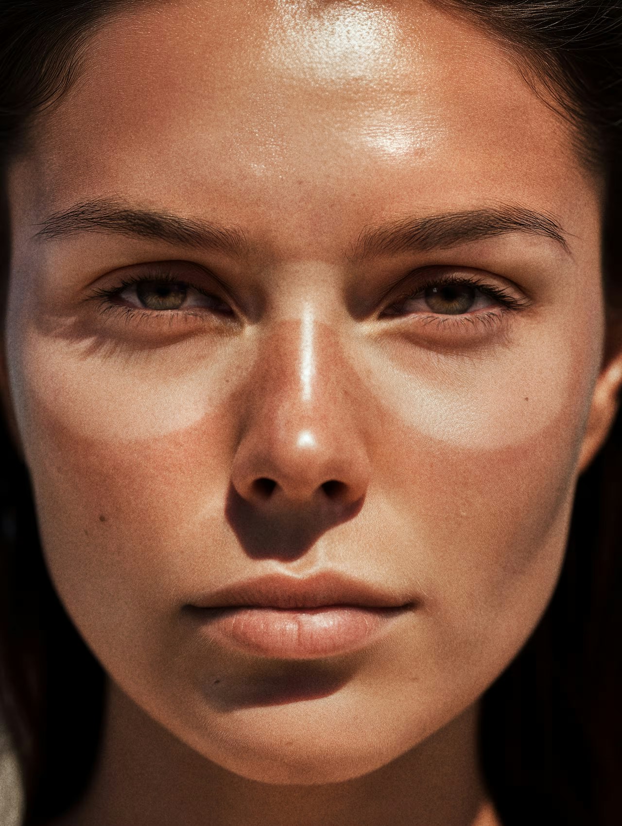 A woman with sun-kissed skin and noticeable tan lines on her face.