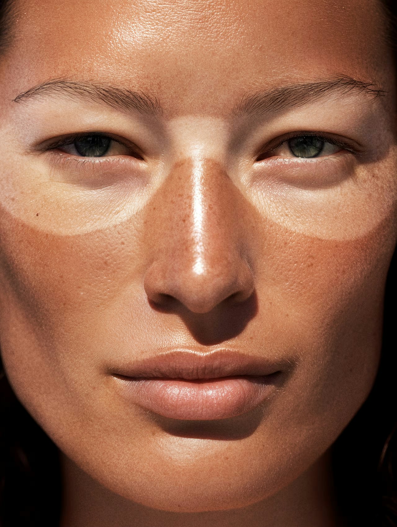 A close-up of a womans face with noticeable tan lines around her eyes.