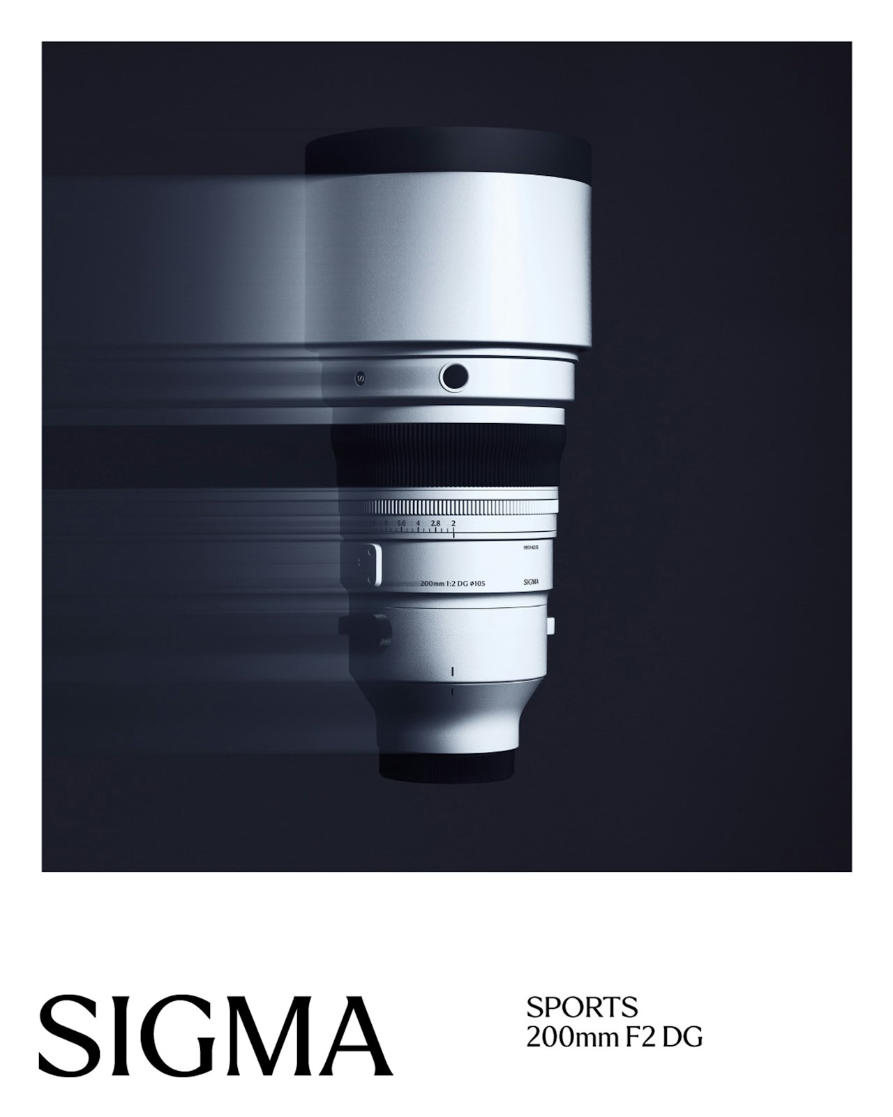 A Sigma 200mm F2 DG camera lens with motion blur, on a dark background.
