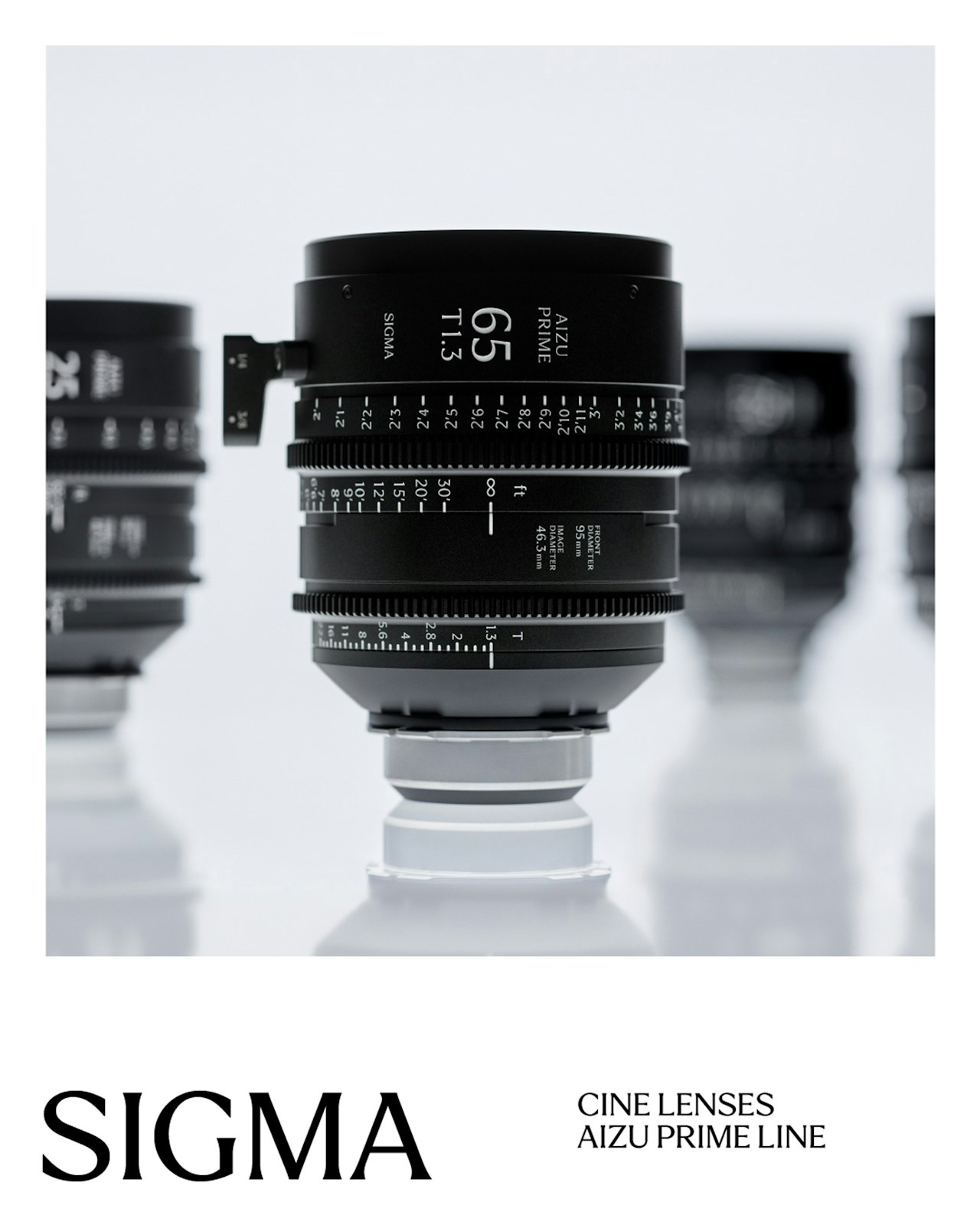 A Sigma 65mm cine lens from the Aizu Prime Line, surrounded by other lenses.