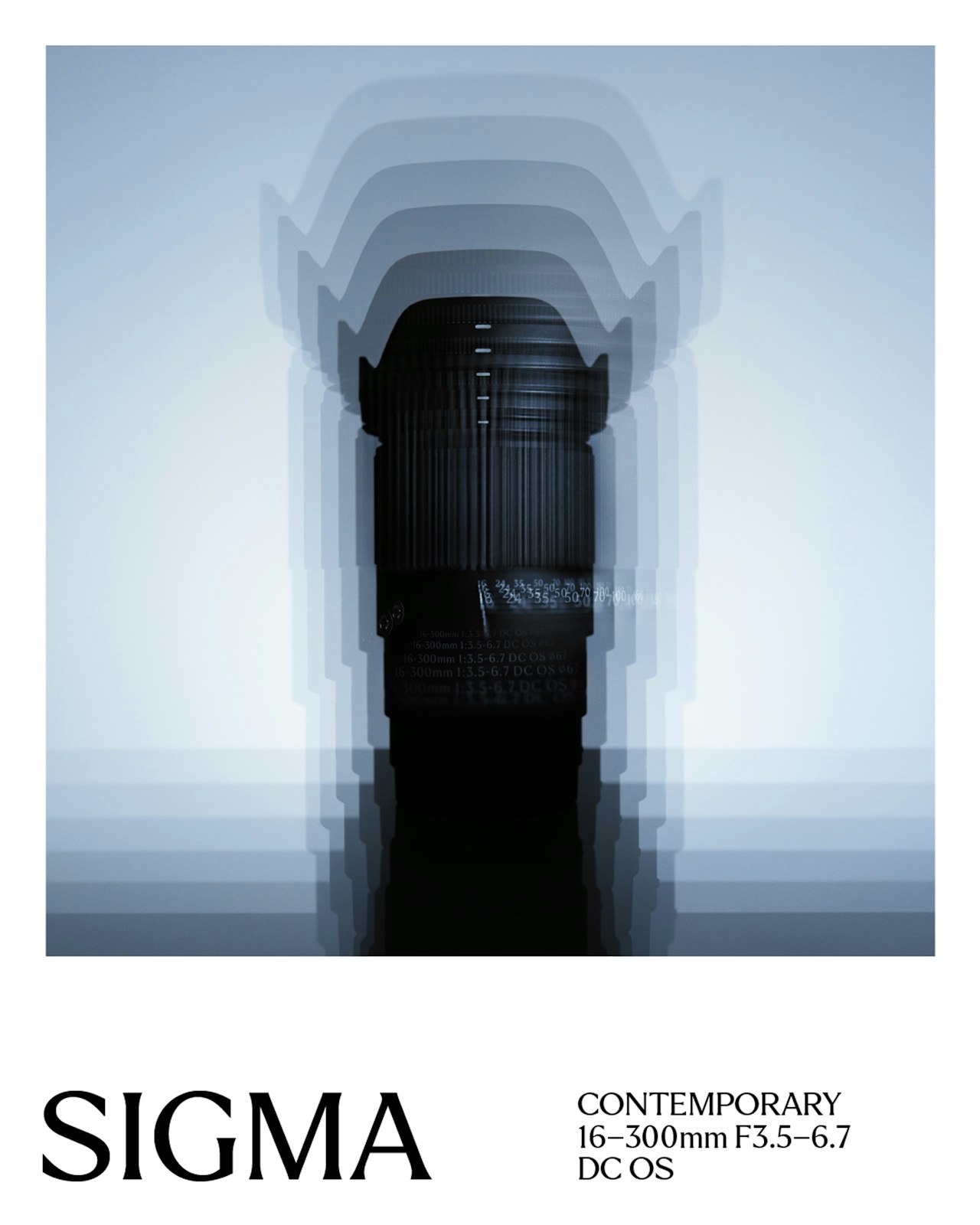 Camera lens with layered shadow effect, Sigma branding, and lens specifications.