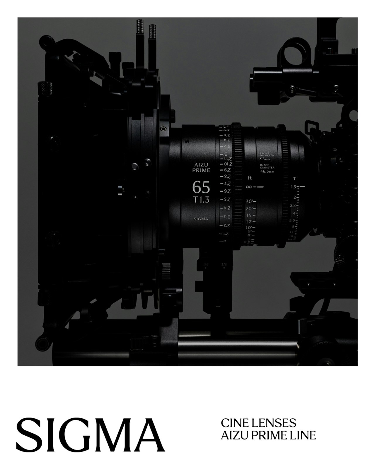 Close-up of a Sigma 65mm cine lens mounted on a camera rig, dark background.
