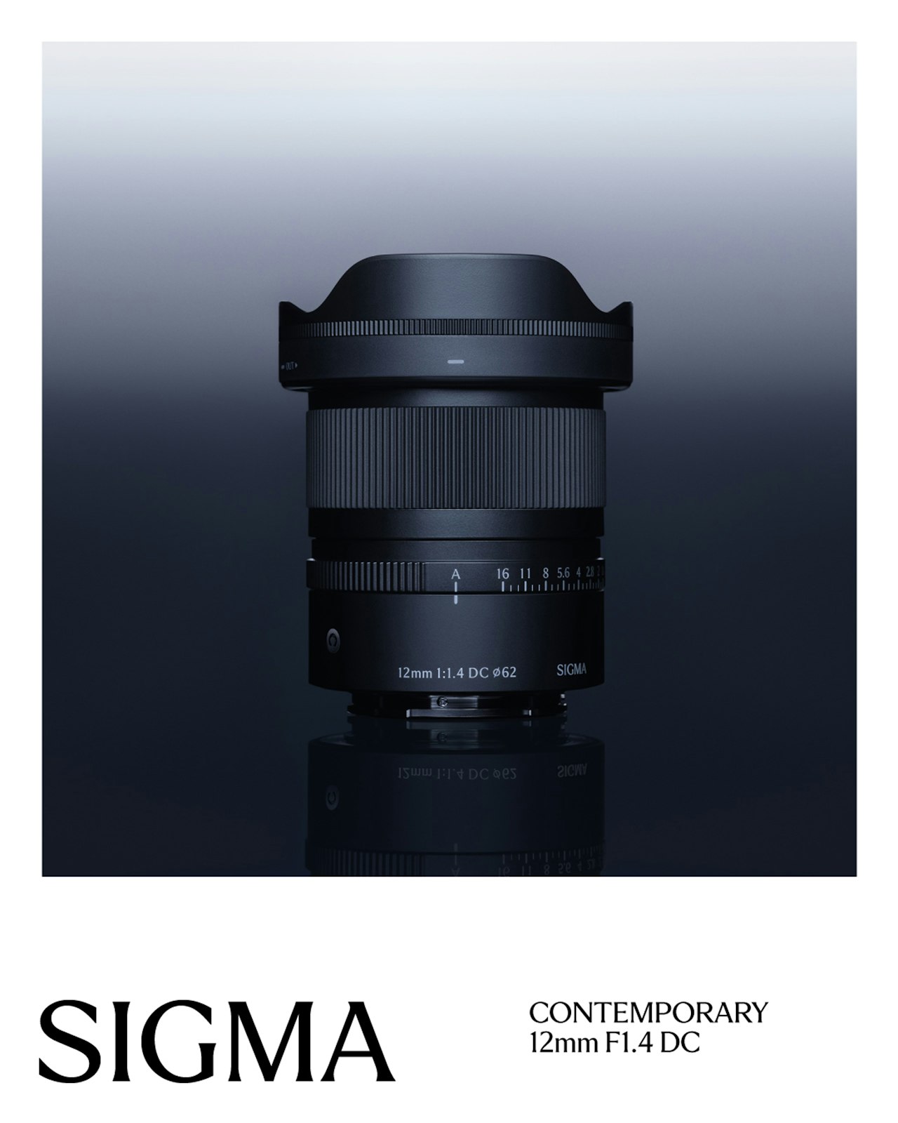 A Sigma 12mm F1.4 DC camera lens against a dark gradient background.