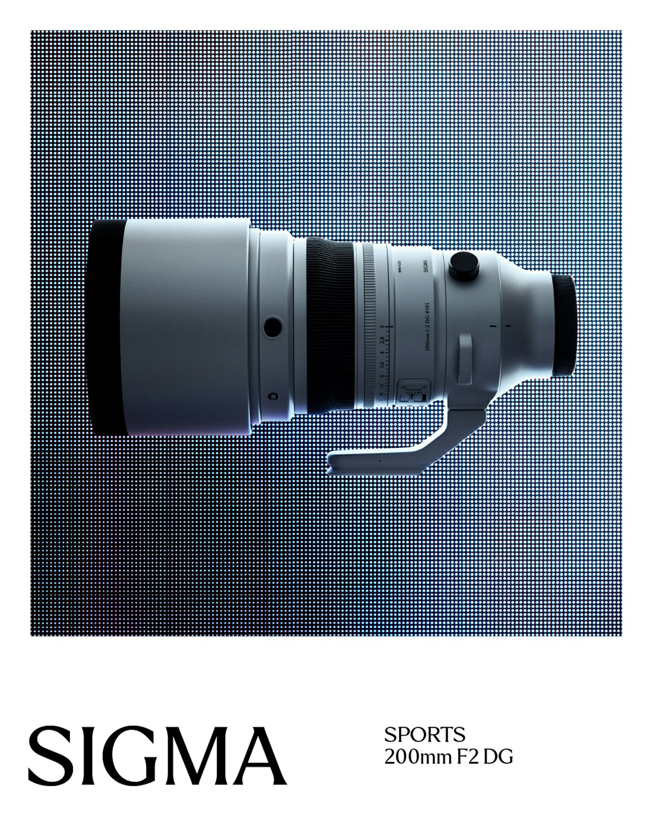 A Sigma 200mm F2 DG lens displayed against a dotted blue background.