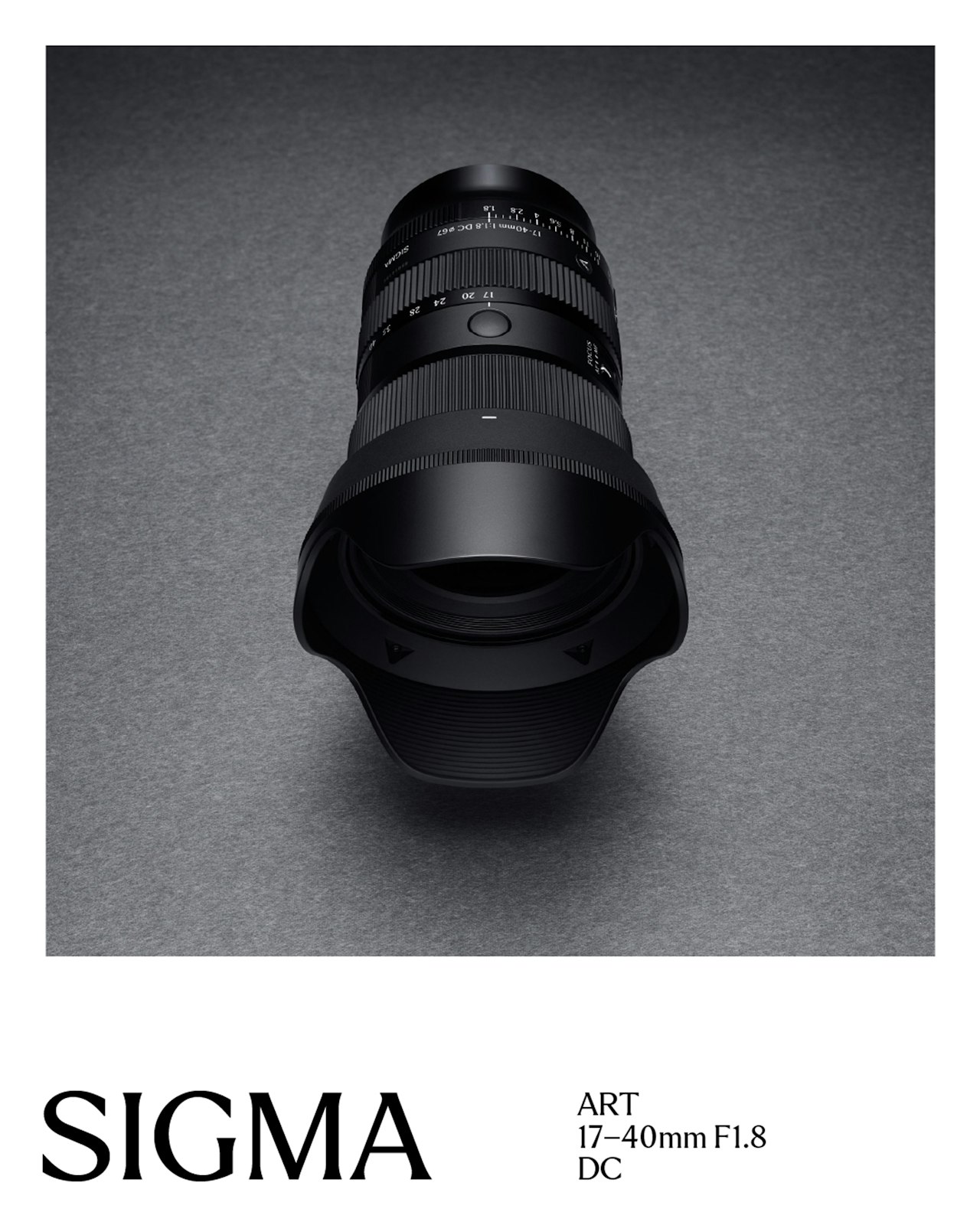Black Sigma camera lens with hood on gray background, text below reads SIGMA ART.