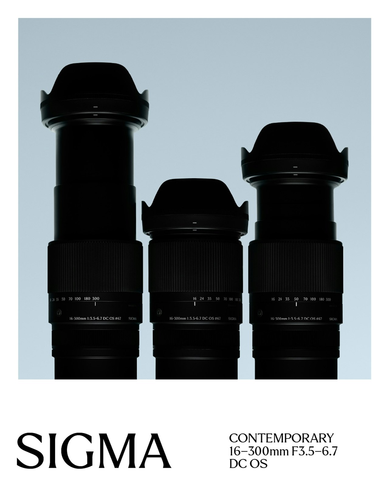 Three Sigma camera lenses with hoods, displayed vertically on a light blue background.