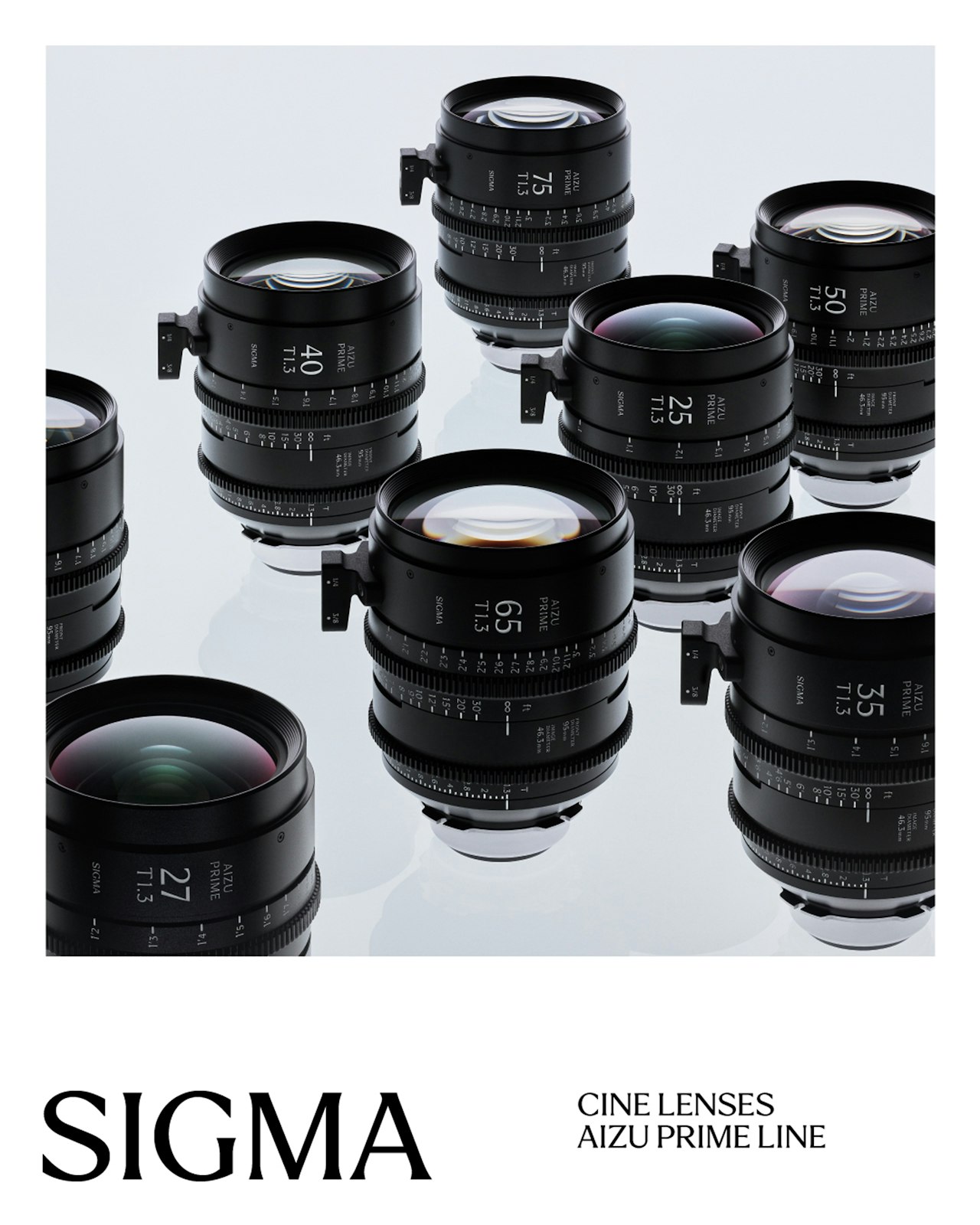 Several Sigma cine lenses arranged on a reflective white surface.