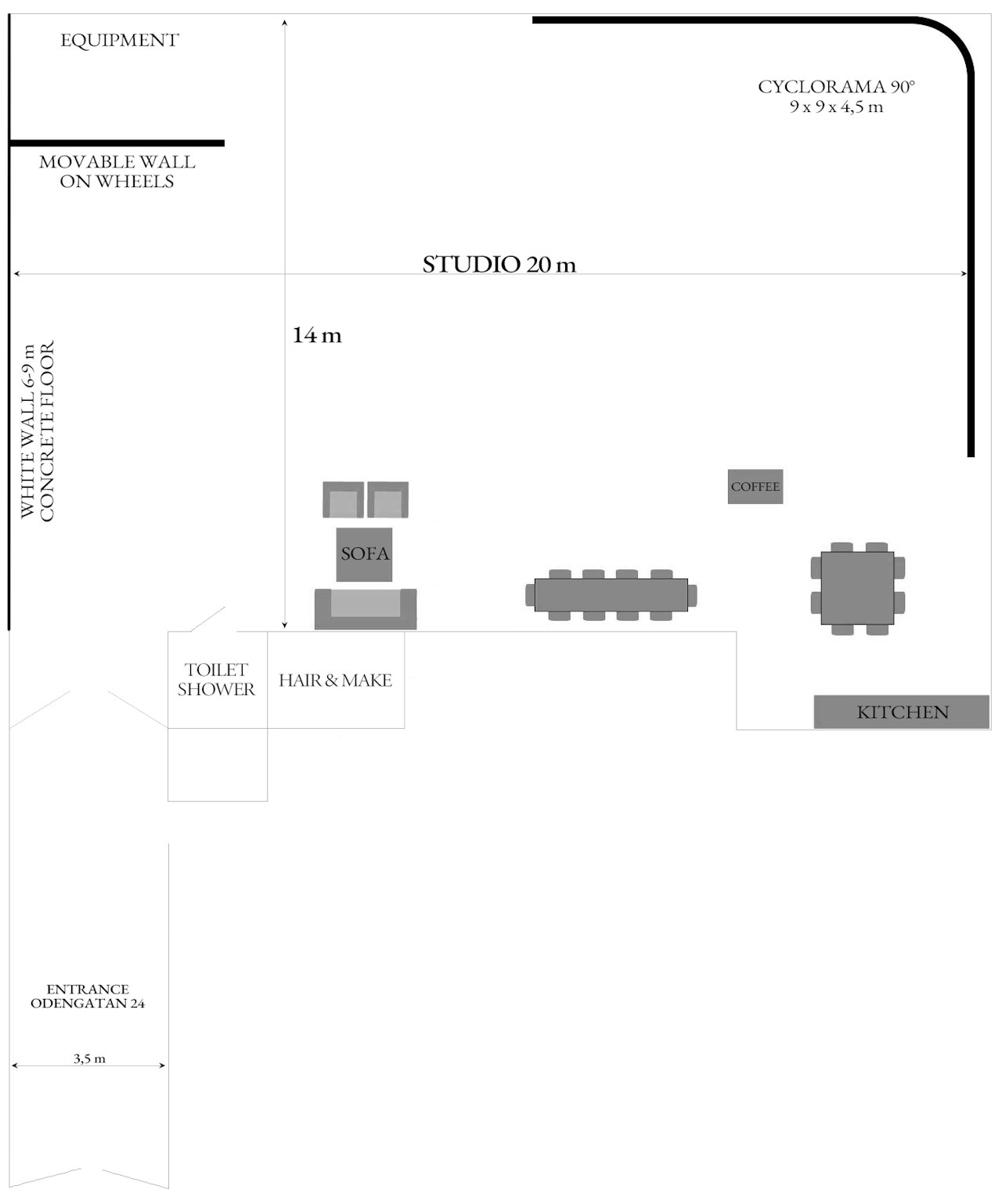Floor plan of a photography studio with cyclorama, sofa, kitchen, and coffee area.