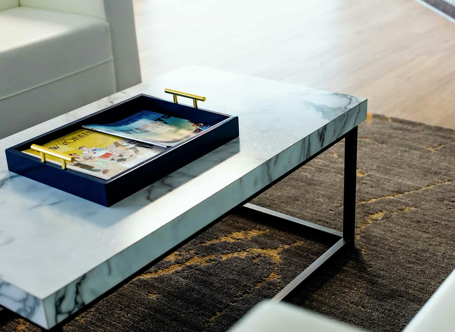 A coffee table with a tray