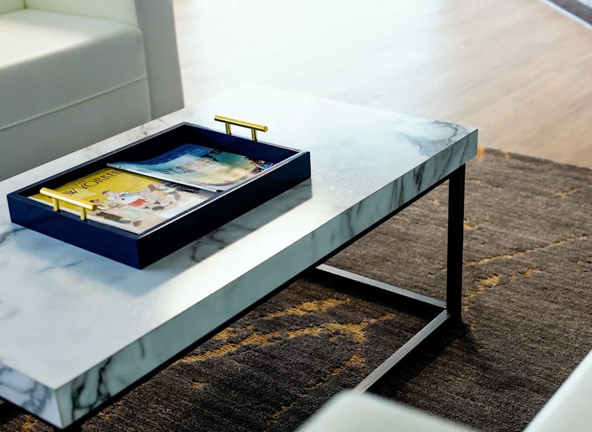 A coffee table with a tray