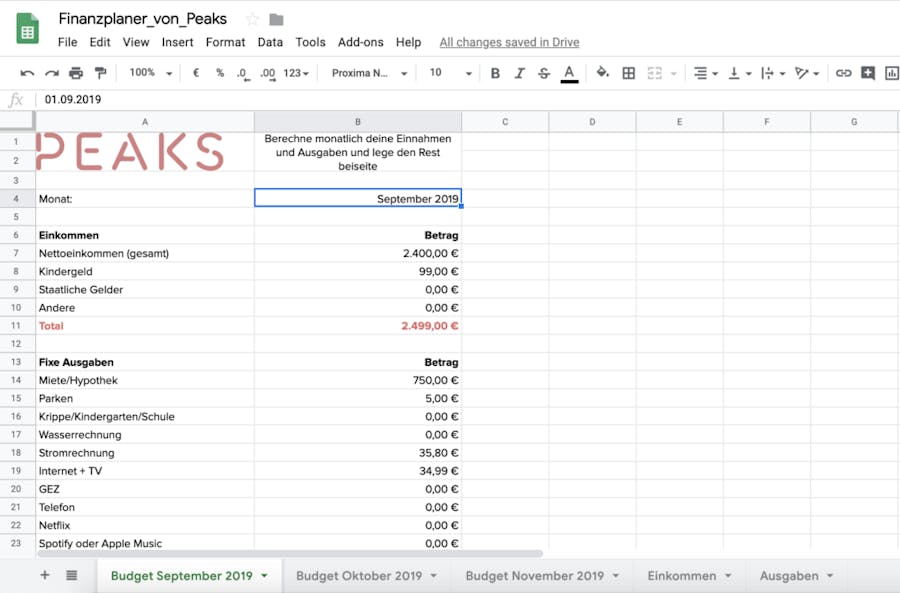 Finanzplan-Vorlage in Excel für Ein- und Ausgaben von Peaks